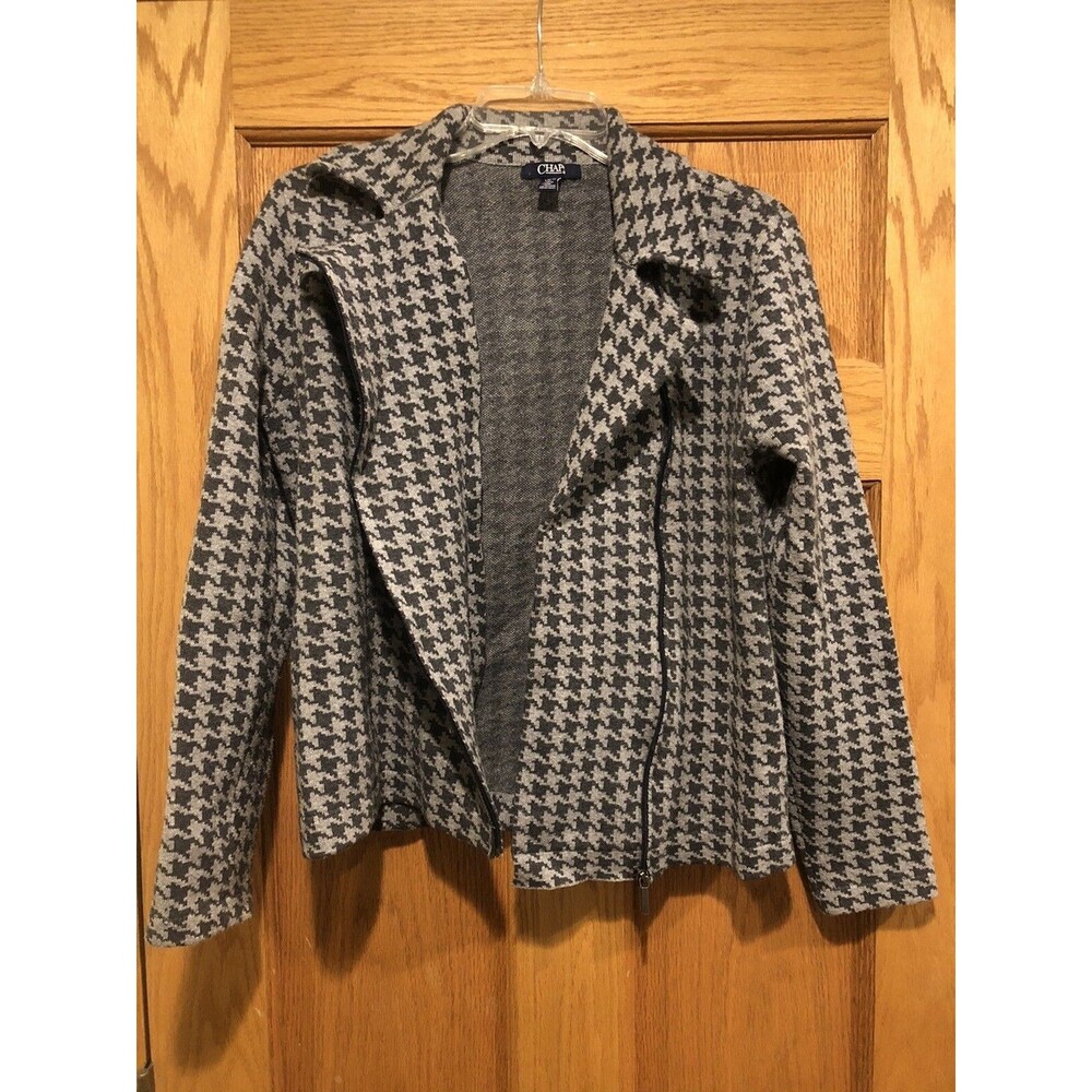 Chaps Women's Knit Moto Jacket/Sweater Blk/Gray Houndstooth Size Large MSRP $99
